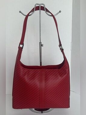 LANCEL PARIS RED AZTEC EMBOSSED LEATHER HOBO HANDBAG PURSE RARE